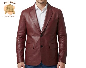 Mens Maroon Leather Jacket with Notch Lapel Tailored Fit Elegant Formal Wear Handcrafted Evening Style