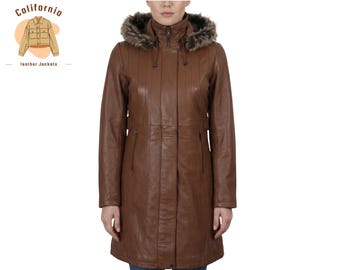 Brown Real Leather Women’s Long Coat With Removable Hood, Winter Essential Design, Tailored Fit And Premium Finish