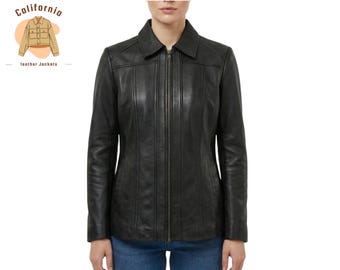 Schwarzer Ledermantel für Damen mit Hemdkragen, dreiviertellanges Design, handgefertigte Winter-Oberbekleidung