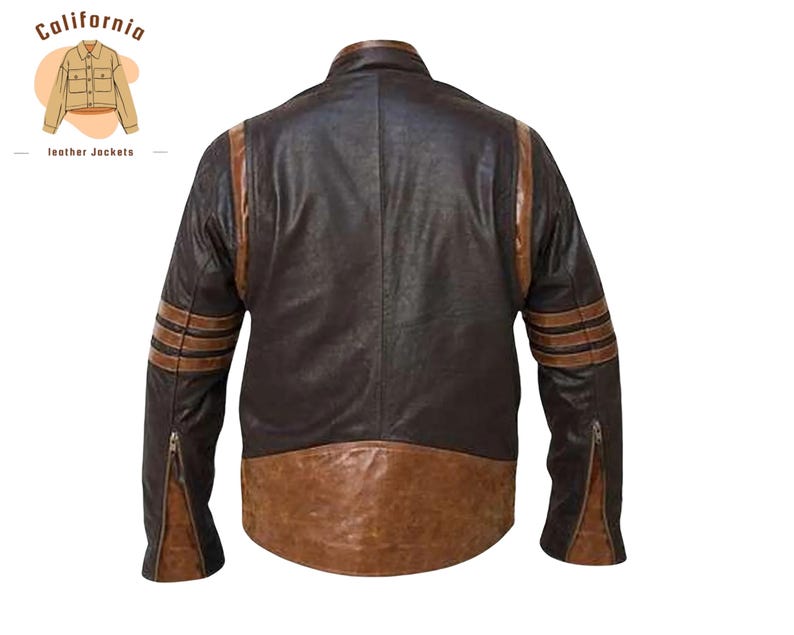 Puede incluir: Chaqueta de cuero marr&oacute;n con dise&ntilde;o bicolor. La chaqueta presenta rayas marrones en las mangas y un panel marr&oacute;n en contraste en la parte inferior. La chaqueta tiene una cremallera en cada manga. El logotipo de California Leather Jackets est&aacute; en la esquina superior izquierda.