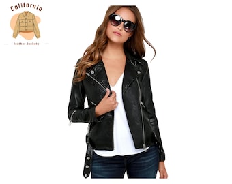 May include: A black leather jacket with a notched collar, asymmetrical zipper, and belt detail. The jacket is worn over a white top and blue jeans. The image includes a logo that says "California leather jackets".