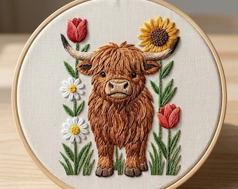 ハイランドフローラル牛の刺繍パターン、ハイランド牛の手刺繍デザイン、フローラル牛の刺繍デザイン（PDFダウンロード）
