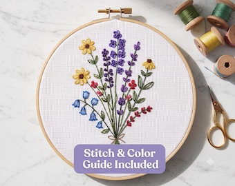 Padrão de bordado à mão de buquê de flores silvestres, desenho de bordado floral em bastidor, bordado à mão, PDF de bordado