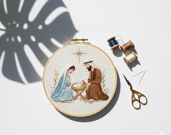 Holly Manger Elegance Hand Embroidery Design, Sacred Birth Embroidery PDF File