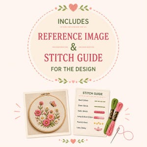Pode incluir: Um kit de bordado com uma imagem de refer&ecirc;ncia circular de um design floral com uma borboleta num bastidor de madeira, um cart&atilde;o de guia de pontos com ponto atr&aacute;s, ponto haste, ponto cheio, ponto matiz, n&oacute; franc&ecirc;s e ponto margarida, e duas meadas.