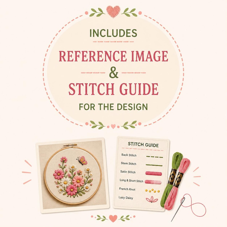 Pode incluir: Um kit de bordado com uma imagem de refer&ecirc;ncia circular de um design floral com uma borboleta num bastidor de madeira, um cart&atilde;o de guia de pontos com ponto atr&aacute;s, ponto haste, ponto cheio, ponto matiz, n&oacute; franc&ecirc;s e ponto margarida, e duas meadas.