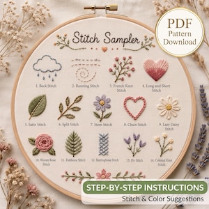 Puede incluir: Un bastidor de bordado circular de madera que contiene una muestra de tela blanca con el texto Stitch Sampler y catorce ejemplos de puntadas de bordado numeradas, incluyendo una nube, un corazón, una flor y hojas con etiquetas.