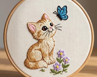Garden Cat Embroidery Design, Cat With Butterfly Hand Embroidery Pattern, Animal Embroidery Design PDF Download