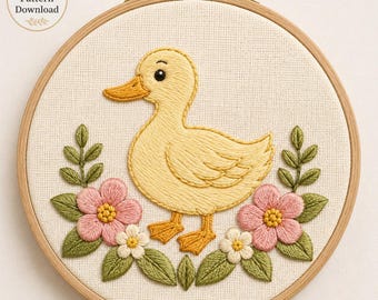 Duckling Hand Embroidery Pattern / Instant Download PDF / Cute Baby Duck Design / Spring Flower Hoop Art Farmhouse Nursery Decor Gift