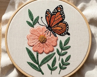 Butterfly and Flower Hand Embroidery Pattern, Modern Hoop Art, 6 Sizes (PDF Download)