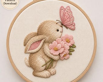 Bunny Hand Embroidery Pattern / Instant Download PDF / Cute Rabbit Tutorial / Spring Flower Hoop Art Butterfly Nursery Decor Gift
