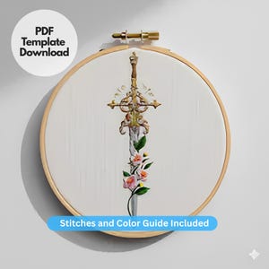 Handbroderi med blommigt svärd, svärdbroderidesign, direktnedladdning (PDF-mall)