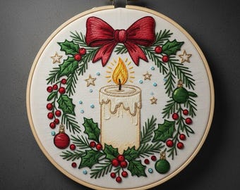 クリスマスキャンドルリースの刺繍デザイン、キャンドルリースの刺繍テンプレート PDF ファイル（即時ダウンロード）