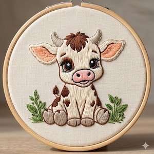 May include: Embroidered artwork of a cartoon calf in a wooden hoop. The calf is white with brown spots, large brown eyes, and a pink nose. Green embroidered leaves are at the bottom. The background is a light beige fabric.