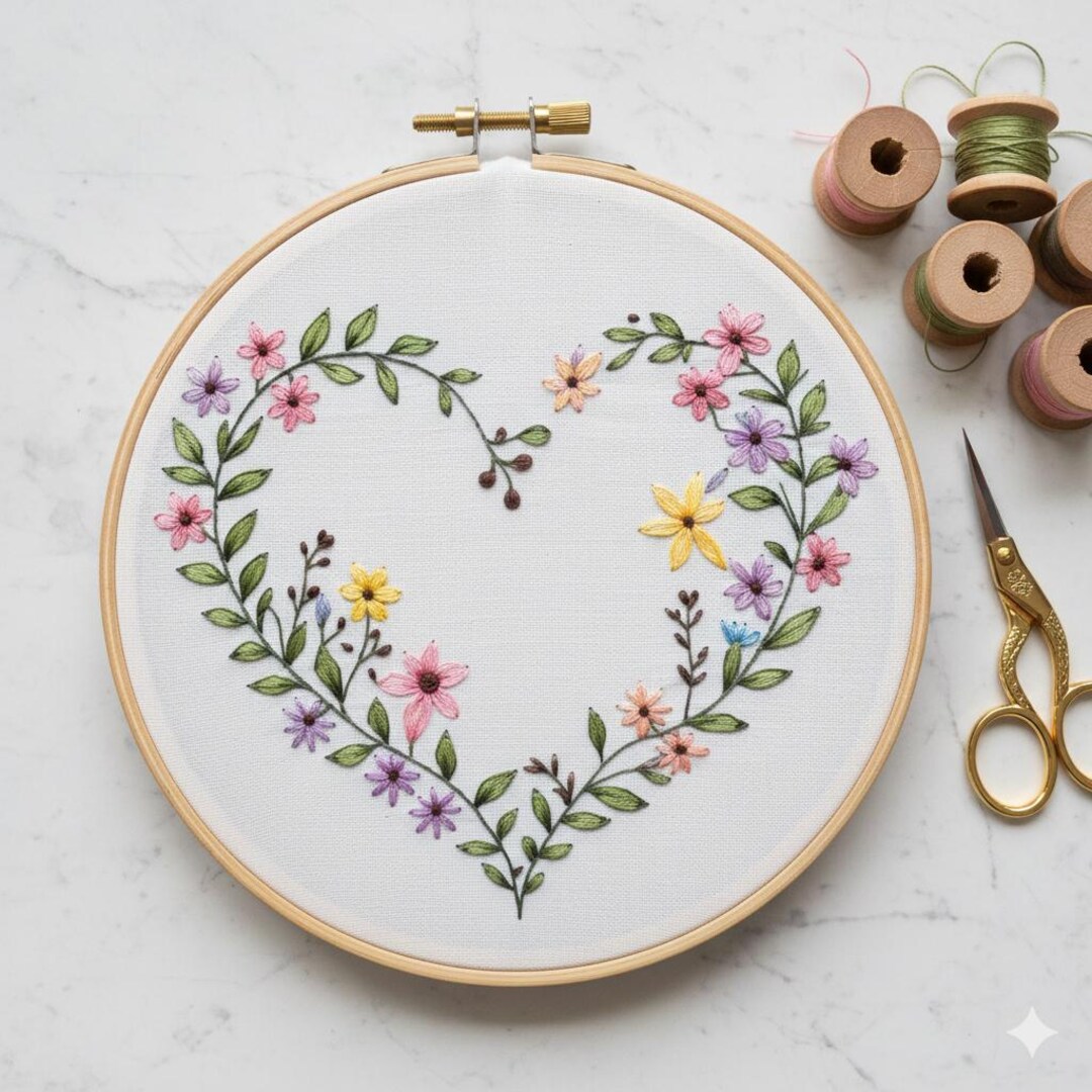 Floral Heart Wreath Embroidery Pattern PDF | Wildflower Hand Embroidery ...