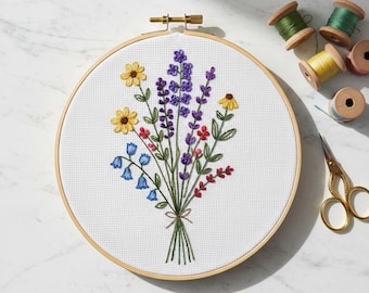ワイルドフラワーブーケの手刺繍パターン、花柄フープ刺繍デザイン、手刺繍、刺繍PDF