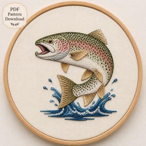 May include: A circular wooden embroidery hoop containing a needlepoint design of a jumping rainbow trout. The fish features green, pink, and tan thread detailing, leaping from embroidered blue water waves. Text in the corner reads PDF Pattern Download.
