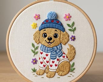 Winter Welpe Handstickerei Muster, Welpe mit Hut Handstickerei, Weihnachtswelpe Handstickerei Design PDF Download