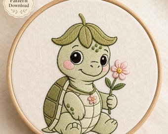 Turtle Hand Embroidery Pattern / Instant Download PDF / Cute Baby Turtle Design / Spring Flower Hoop Art Whimsical Nursery Decor Gift