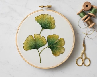 Patrón de bordado de hojas de ginkgo en PDF / Diseño de bordado botánico otoñal a mano / Plantilla de puntada floral DIY