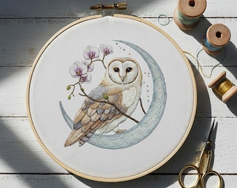 Eule mit Mond Handstickerei, Eulen Stickdatei, Sofort download (PDF Vorlage)
