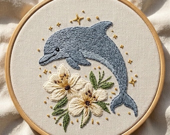 Ocean Dolphin Hand Embroidery Design, Ocean Blossom Hand Embroidery Pattern, Dolphin Animal Embroidery Design PDF Download