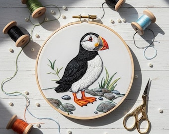 Diseño de bordado de frailecillo atlántico, plantilla de bordado de frailecillo, archivo PDF (descarga instantánea)
