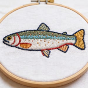 Könnte beinhalten: Gesticktes Fischdesign in einem Holzrahmen. Der Fisch ist mit grünen, blauen, orangefarbenen und gelben Fäden auf weißem Stoff gestickt. Der helle Holzrahmen verleiht dem Kunstwerk einen rustikalen Charme.