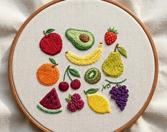 フルーツコレクション刺繍手刺繍パターン、モダンフープアート、6サイズ（PDFダウンロード）