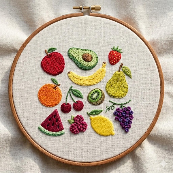 Fruit Collection Embroidery Hand Embroidery Pattern, Modern Hoop Art, 6 Sizes (PDF Download)