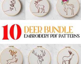 Paquete de patrones de bordado a mano de ciervos, colección de diseños de bordado floral en bastidor, bordado a mano, PDF de bordado