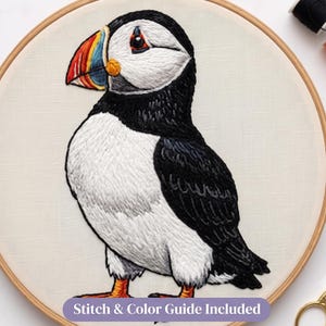 May include: An embroidery hoop containing a detailed thread-stitched puffin bird with black and white plumage, a vibrant red, yellow, and blue beak, and orange feet. The text Stitch & Color Guide Included is printed at the bottom of the hoop.