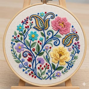 May include: A circular embroidery hoop containing a piece of off-white fabric featuring a colorful floral design. The embroidery includes pink and yellow flowers, blue paisley shapes, green leaves, and small red berries, all connected by blue stems.