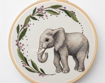 Patrón de bordado a mano de corona de elefante, diseño de bordado de animales, bordado a mano de elefante, PDF de bordado
