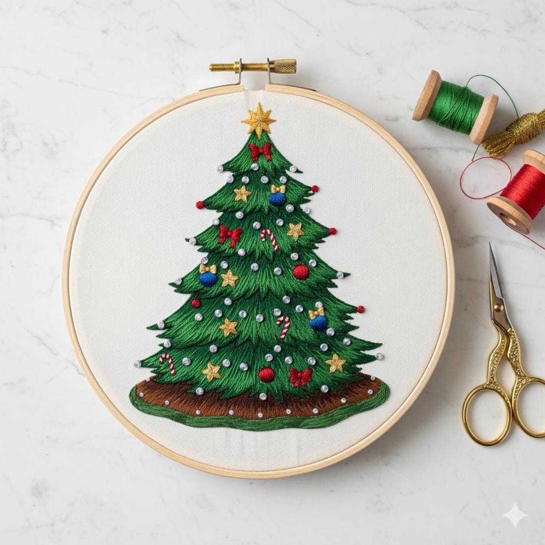 Christmas Tree Embroidery Pattern PDF | Decorated Holiday Tree Hand ...