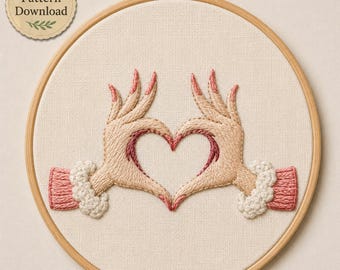 Heart Hands Hand Embroidery Pattern / Instant Download PDF / Love Gesture Design / Valentine Hoop Art Cozy Sweater Winter Gift