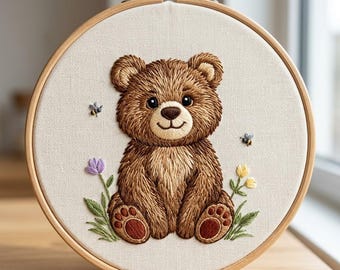 Garden Bear Embroidery Design, Bear with Flowers Hand Embroidery Pattern, Bear Embroidery Design PDF Download