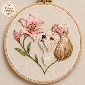 Floral Shih Tzu Hand Embroidery Pattern / Instant Download Tutorial / Dog Floral Design / Cute Puppy Art Pet Lover Gift Nursery Wall Decor