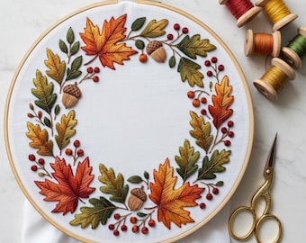 Herbstkranz Handstickerei Stickmuster, Stickrahmen-Stickerei, rustikale Handstickerei, Stickmuster PDF