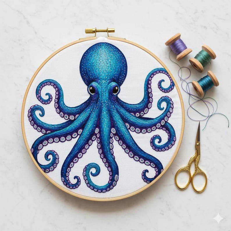 Octopus Thread Blue Octopus Embroidery Pattern PDF | Colorful Sea Creature Hand ...