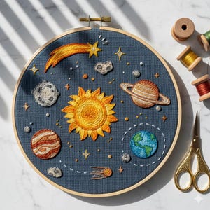 Op de afbeelding: Handgemaakte borduurwerk in een houten ring met een ruimtethema. Het ontwerp toont een gele zon, planeten, sterren en een komeet op een donkerblauwe achtergrond. Een handgemaakt kunstwerk.