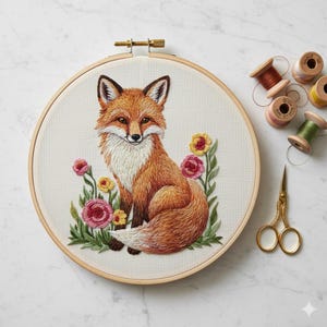 May include: Embroidered fox hoop art. The artwork features a detailed fox with orange and white fur, surrounded by colourful flowers. The embroidery is set in a wooden hoop, with spools of thread and gold scissors nearby.