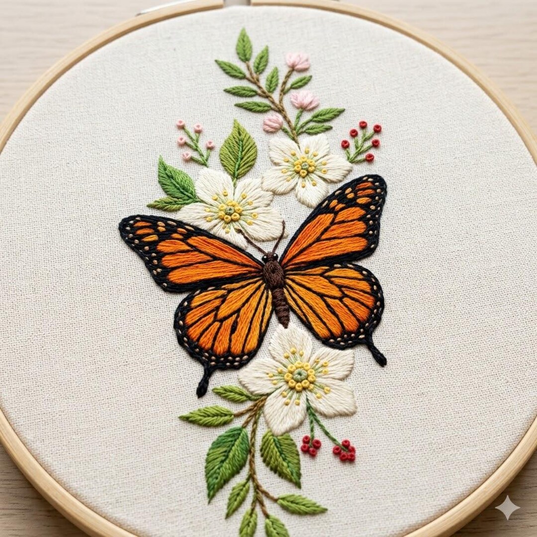Monarch Butterfly and Flowers Hand Embroidery Pattern Digital PDF Files ...