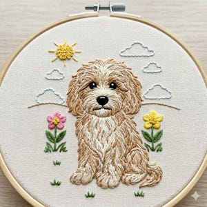 Cockapoo Garden Embroidery Pattern, Cockapoo Puppy Hand Embroidery Design, Animal Embroidery Design PDF Download