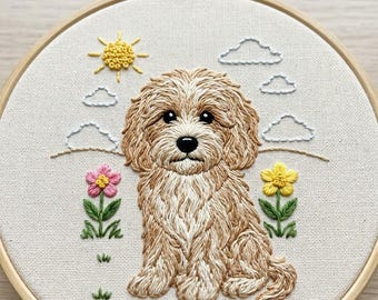コッカプーガーデン刺繍パターン、コッカプー子犬手刺繍デザイン、動物刺繍デザインPDFダウンロード
