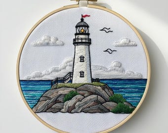 Light House Hand Embroidery, Light House Embroidery Design, Instant download (PDF template)