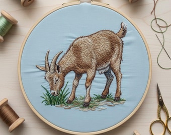 Diseño de bordado a mano de cabra de pie, archivo PDF de bordado de cabra