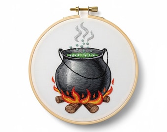 Witch Cauldron Hand Embroidery, Cauldron Embroidery Design, Instant download (PDF template)