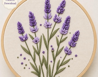 Lavender Hand Embroidery Pattern / Instant Download PDF / Purple Flower Tutorial / Botanical Herb Hoop Art