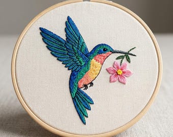 Hummingbird With Flower Hand Embroidery Pattern, Modern Hoop Art, 6 Sizes (PDF Download)